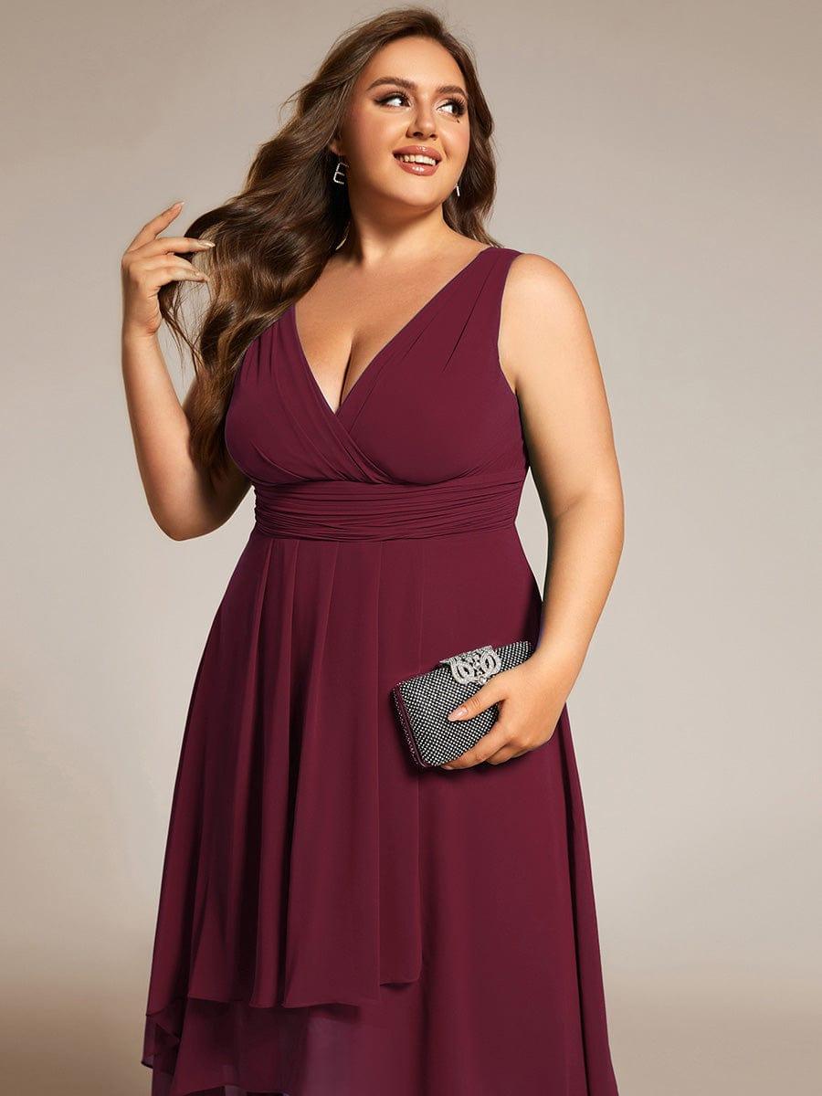 Chic V-Neck Pleated Sleeveless High-Low Chiffon Wedding Guest Dress #color_Burgundy