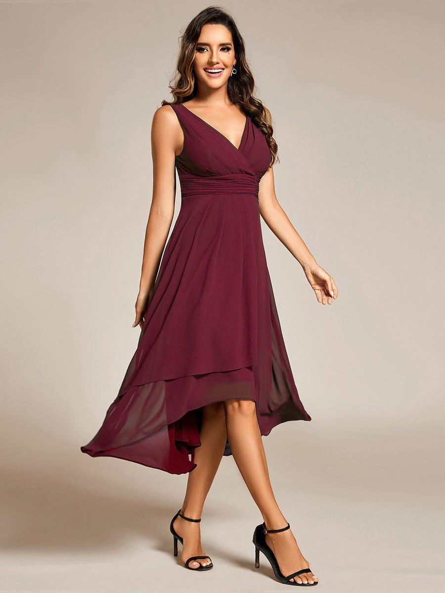 Chic V-Neck Pleated Sleeveless High-Low Chiffon Wedding Guest Dress #color_Burgundy