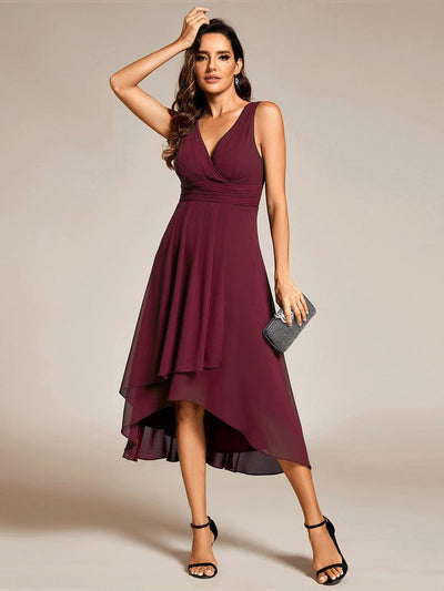 Chic V-Neck Pleated Sleeveless High-Low Chiffon Wedding Guest Dress #color_Burgundy