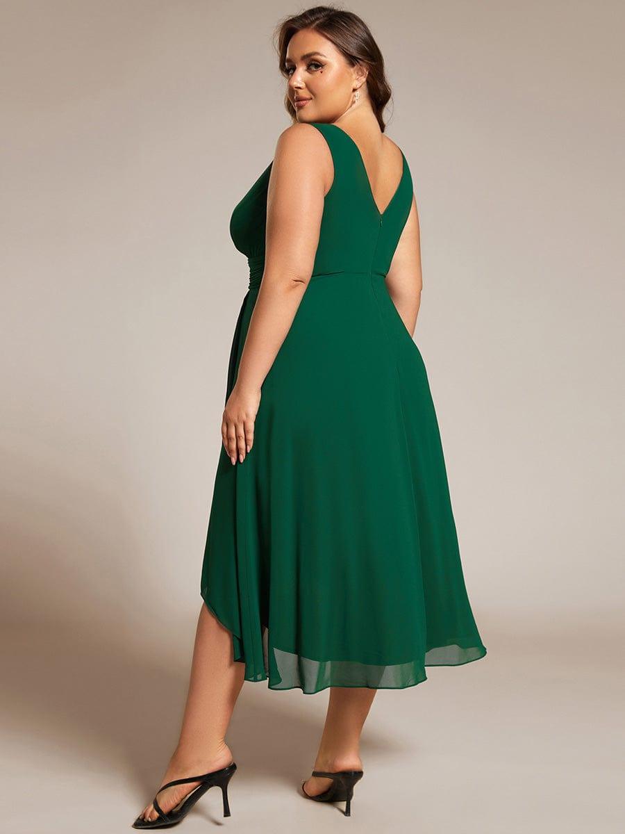 Plus Size Pleated Sleeveless V-Neck Midi Chiffon Wedding Guest Dress #color_Dark Green