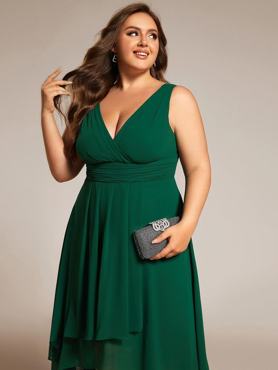 Chic V-Neck Pleated Sleeveless High-Low Chiffon Wedding Guest Dress #color_Dark Green