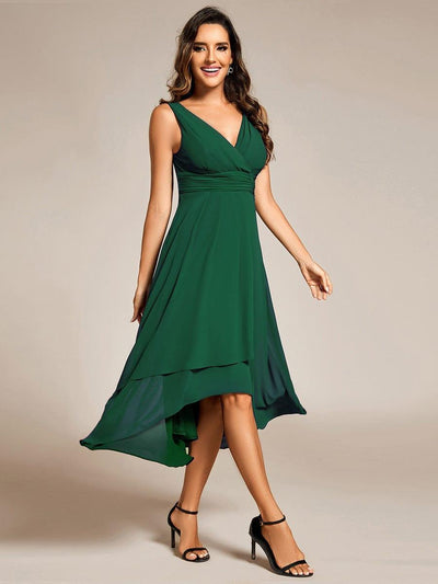 Chic V-Neck Pleated Sleeveless High-Low Chiffon Wedding Guest Dress #color_Dark Green