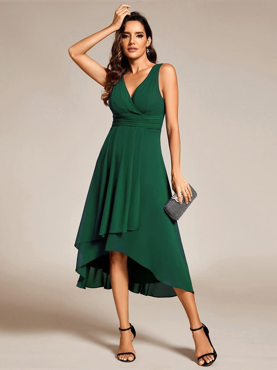Chic V-Neck Pleated Sleeveless High-Low Chiffon Wedding Guest Dress #color_Dark Green