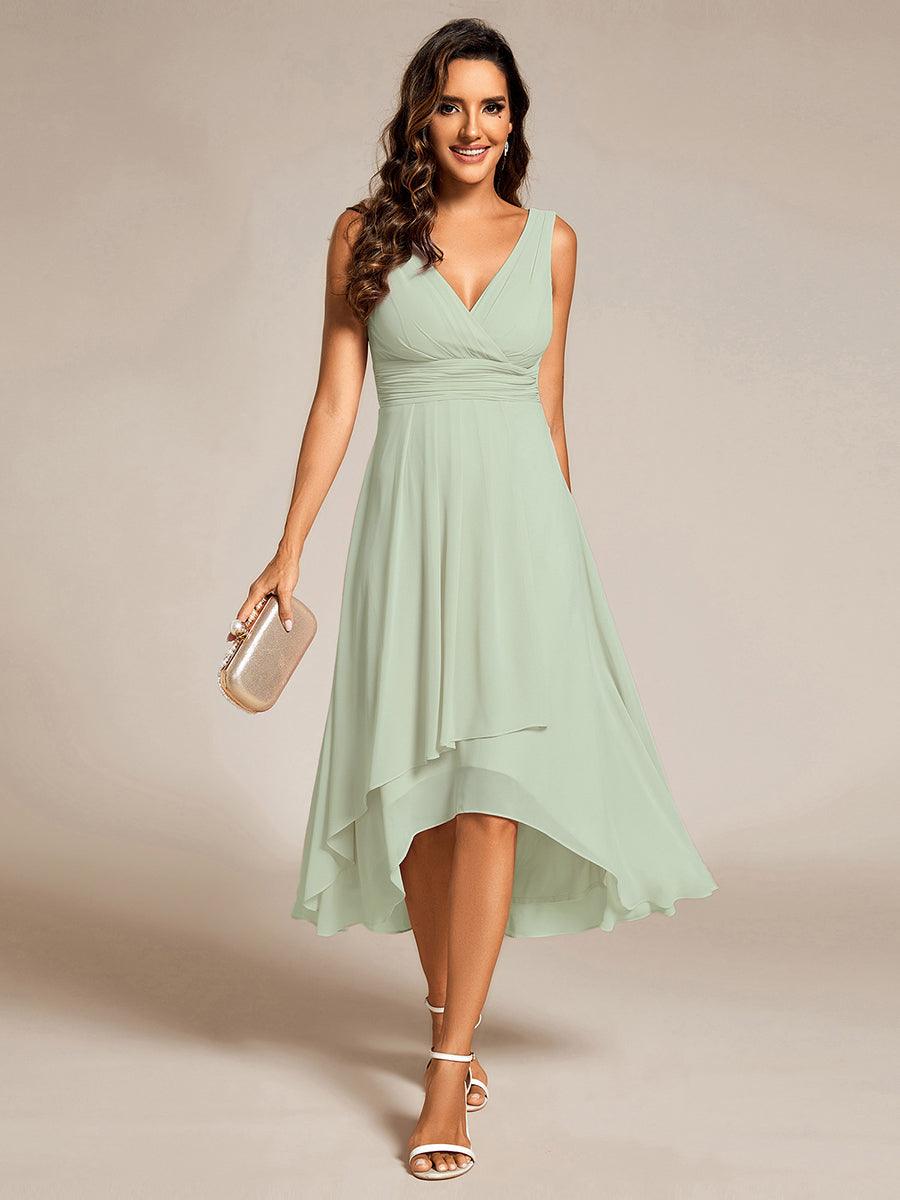 Chic V-Neck Pleated Sleeveless High-Low Chiffon Wedding Guest Dress #color_Mint Green