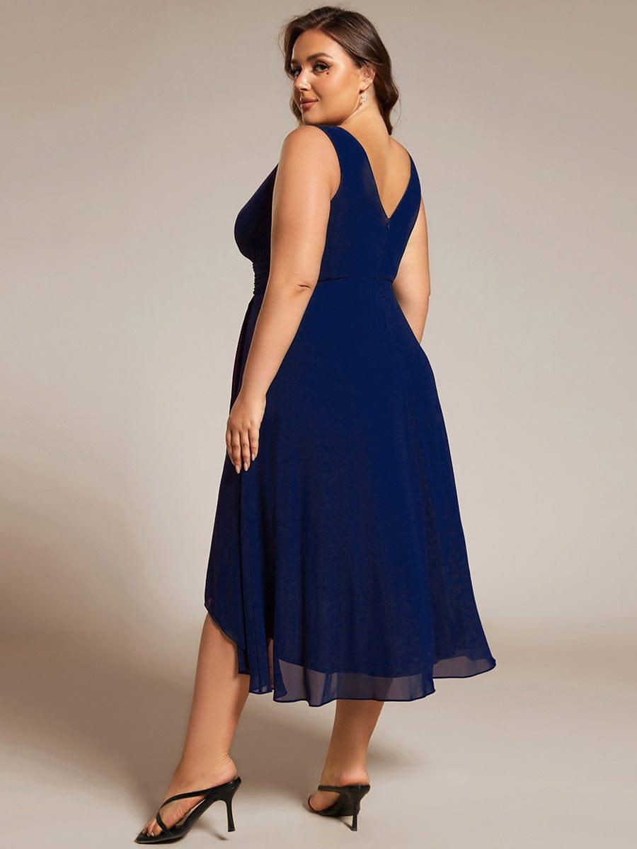 Chic V-Neck Pleated Sleeveless High-Low Chiffon Wedding Guest Dress #color_Navy Blue