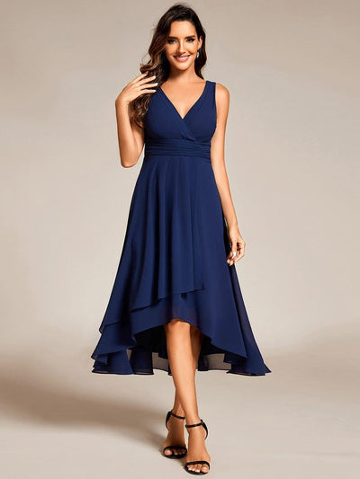 Chic V-Neck Pleated Sleeveless High-Low Chiffon Wedding Guest Dress #color_Navy Blue