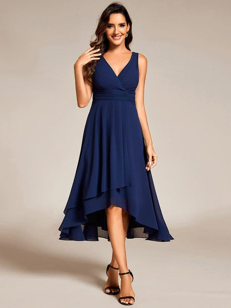 V-Neck Pleated Sleeveless High-Low Chiffon Wedding Guest Dress