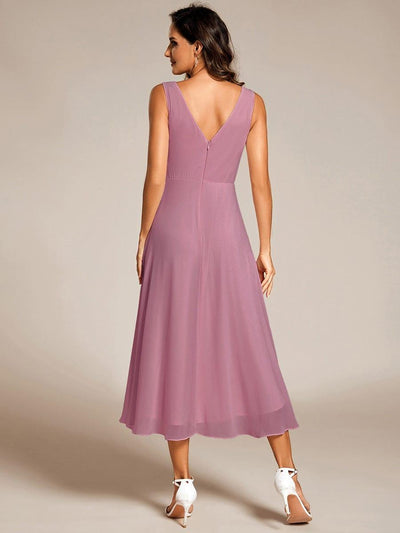 Chic V-Neck Pleated Sleeveless High-Low Chiffon Wedding Guest Dress #color_Purple Orchid