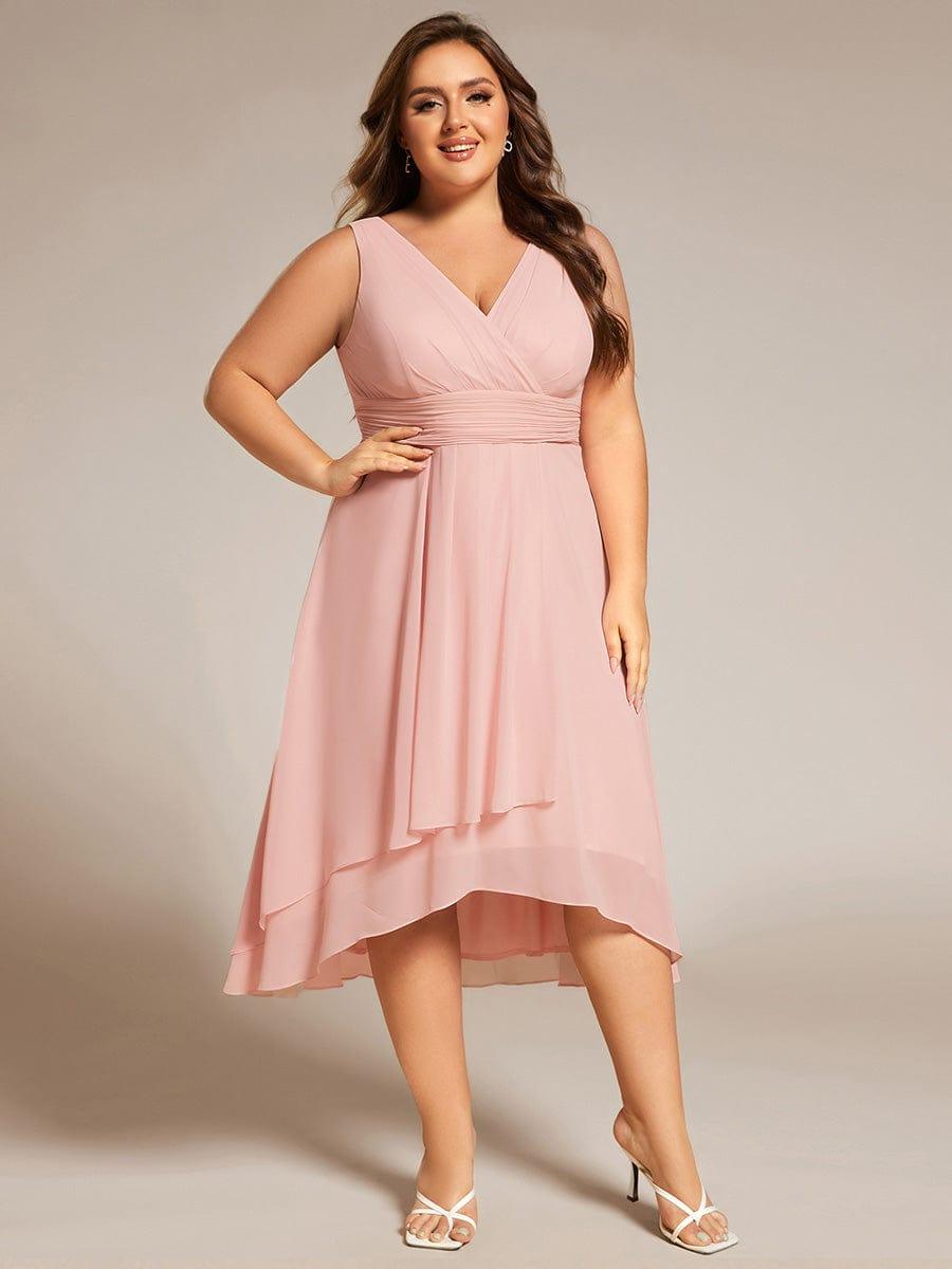 Chic V-Neck Pleated Sleeveless High-Low Chiffon Wedding Guest Dress #color_Pink