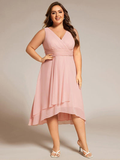 Plus Size Pleated Sleeveless V-Neck Midi Chiffon Wedding Guest Dress #color_Pink