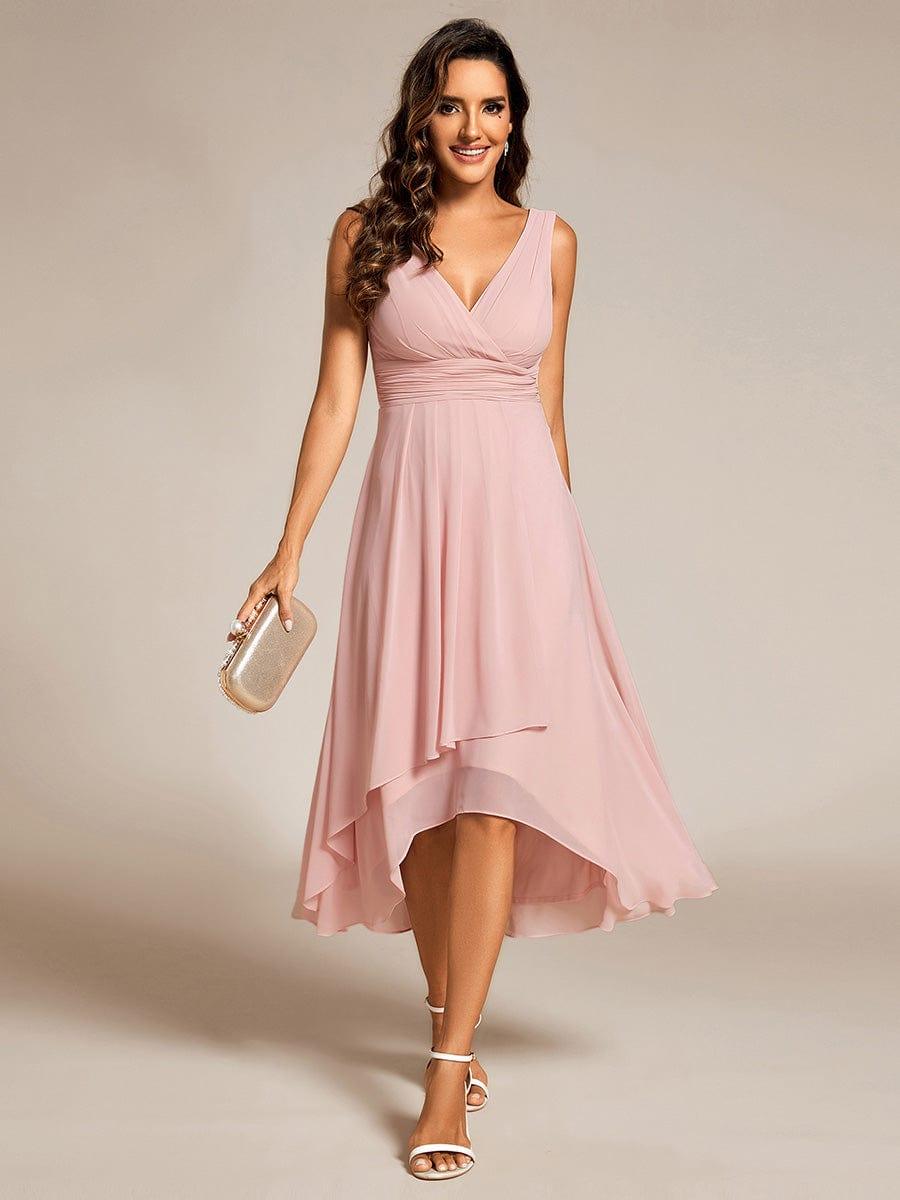 Chic V-Neck Pleated Sleeveless High-Low Chiffon Wedding Guest Dress #color_Pink