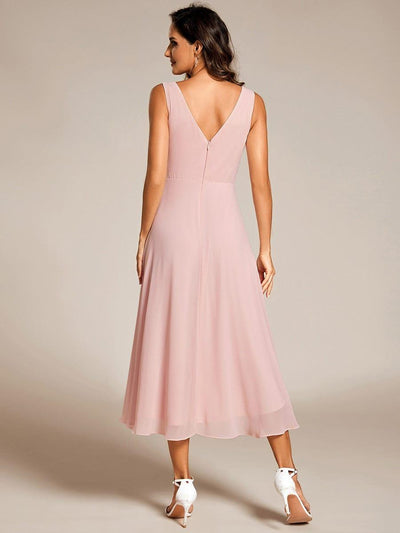 Chic V-Neck Pleated Sleeveless High-Low Chiffon Wedding Guest Dress #color_Pink