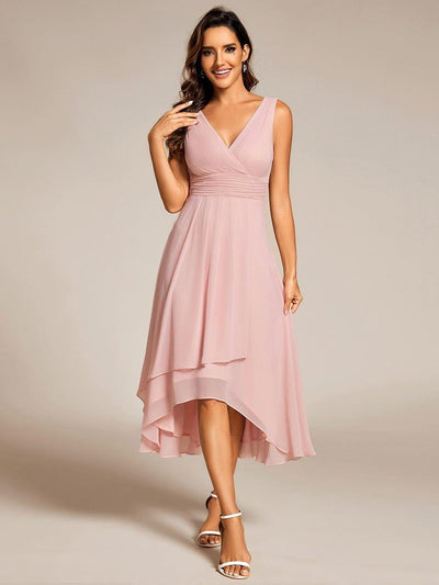 Chic V-Neck Pleated Sleeveless High-Low Chiffon Wedding Guest Dress #color_Pink