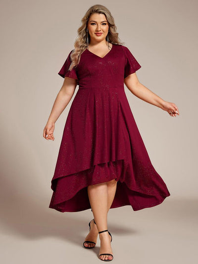 Plus Size  Ruffled Sleeves Glitery V-Neck Midi Wedding Guest Dress #color_Burgundy