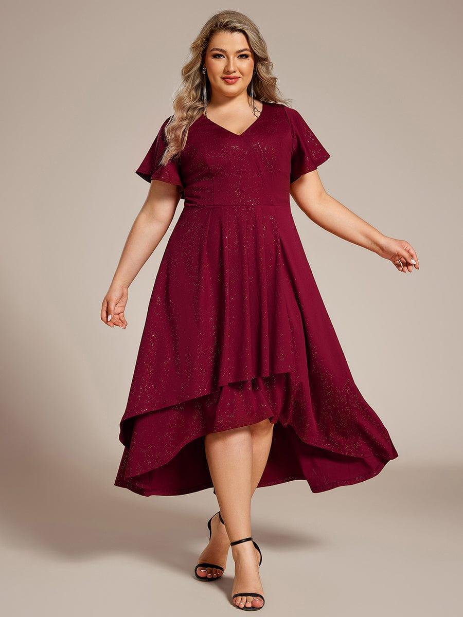 Plus Size  Ruffled Sleeves Glitery V-Neck Midi Wedding Guest Dress #color_Burgundy