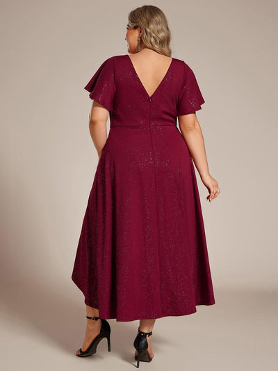 Plus Size  Ruffled Sleeves Glitery V-Neck Midi Wedding Guest Dress #color_Burgundy