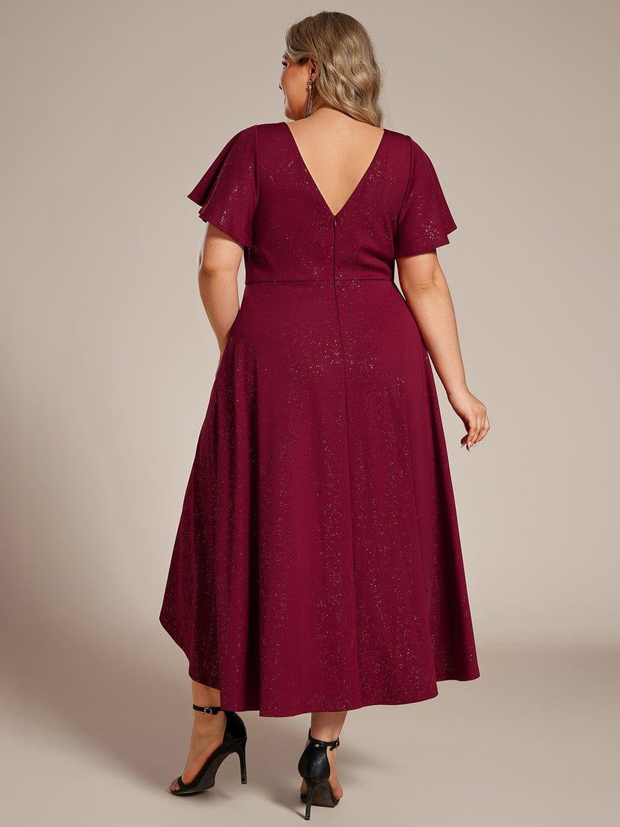 Plus Size  Ruffled Sleeves Glitery V-Neck Midi Wedding Guest Dress #color_Burgundy