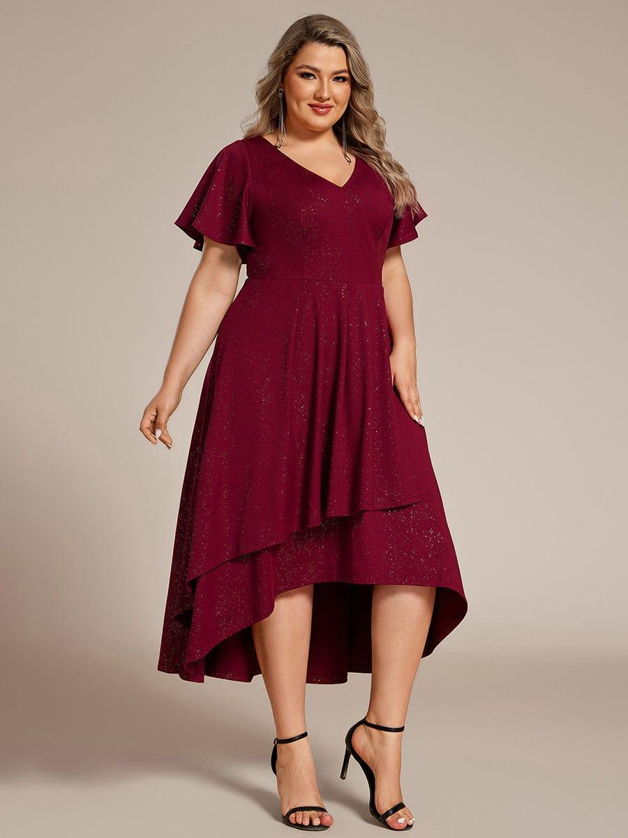 Plus Size  Ruffled Sleeves Glitery V-Neck Midi Wedding Guest Dress #color_Burgundy