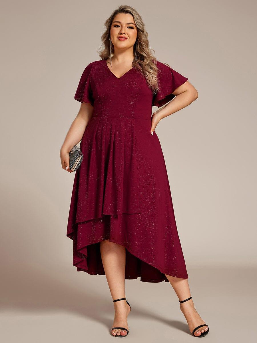 Plus Size  Ruffled Sleeves Glitery V-Neck Midi Wedding Guest Dress #color_Burgundy