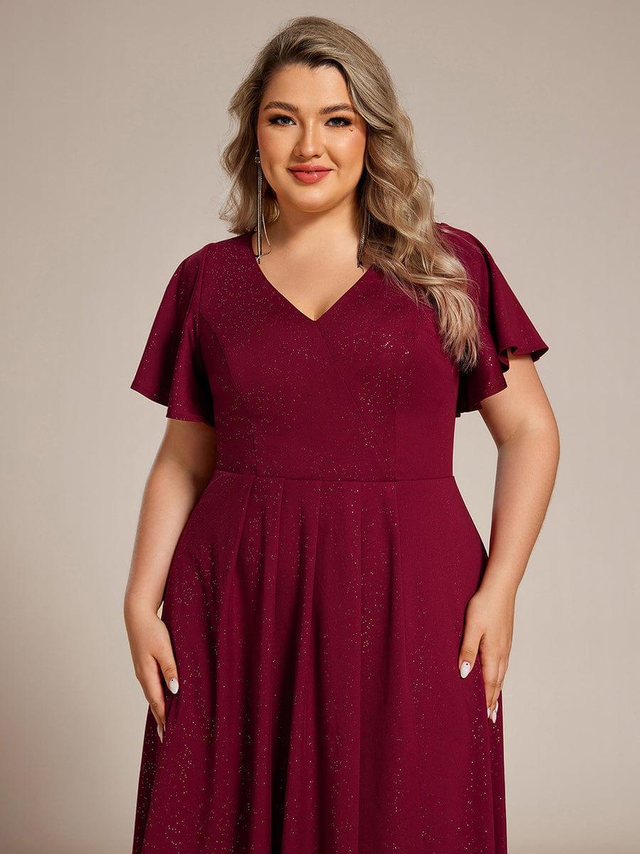 Plus Size  Ruffled Sleeves Glitery V-Neck Midi Wedding Guest Dress #color_Burgundy