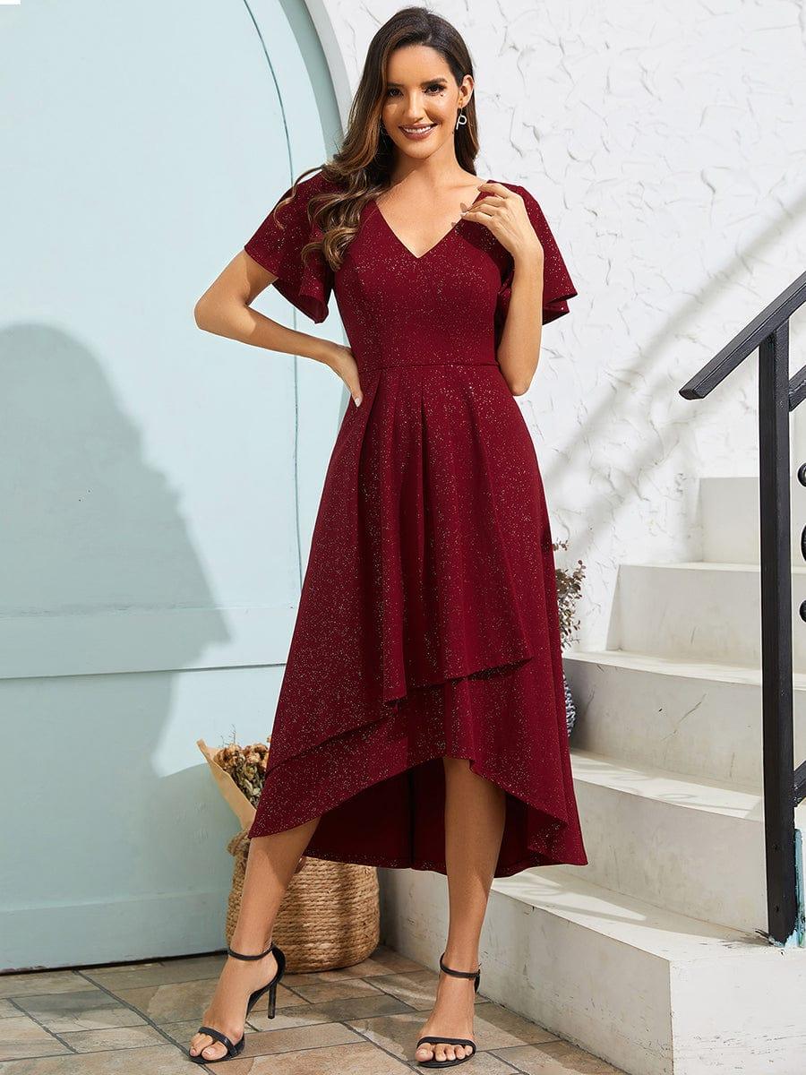 Sparkling V-Neck High-Low Wedding Guest Dress with Ruffled Sleeves #color_Burgundy
