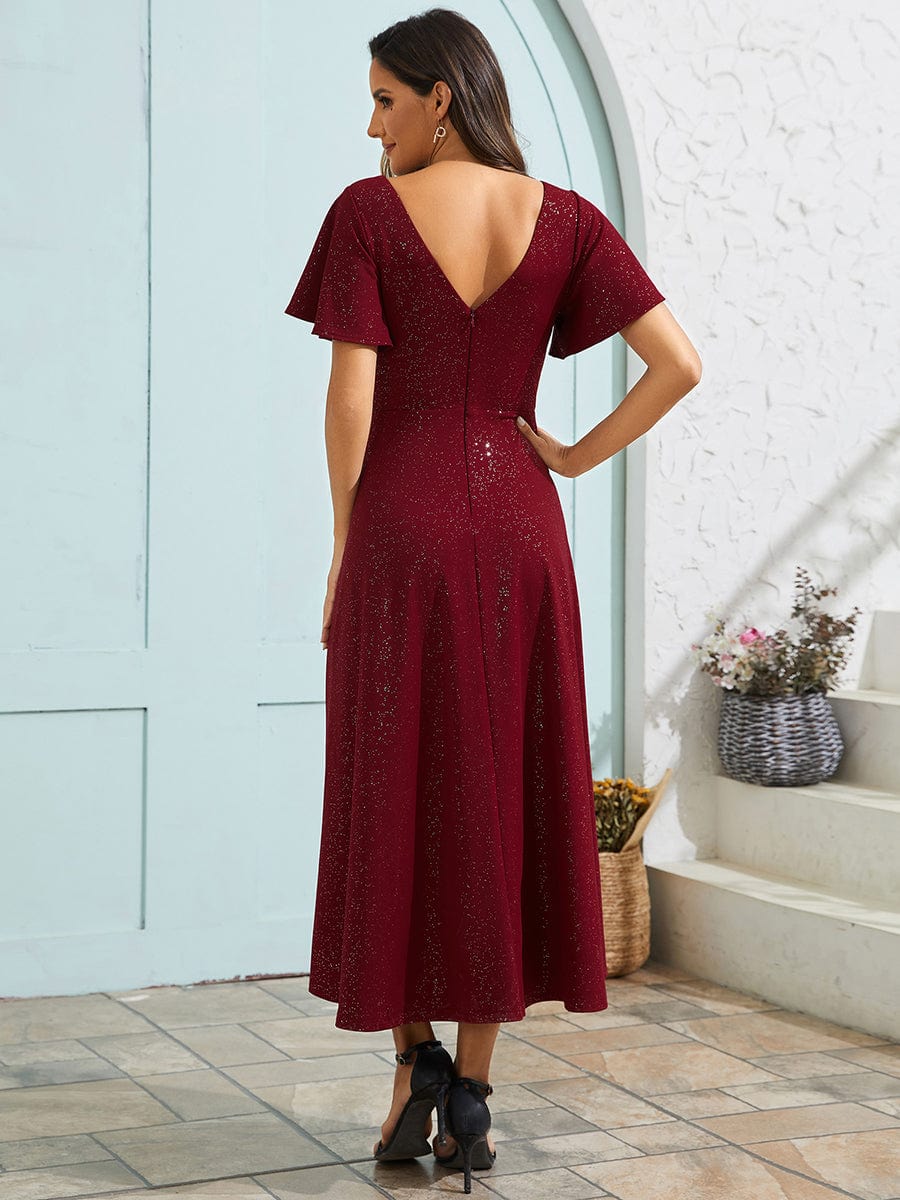 Sparkling V-Neck High-Low Wedding Guest Dress with Ruffled Sleeves #color_Burgundy