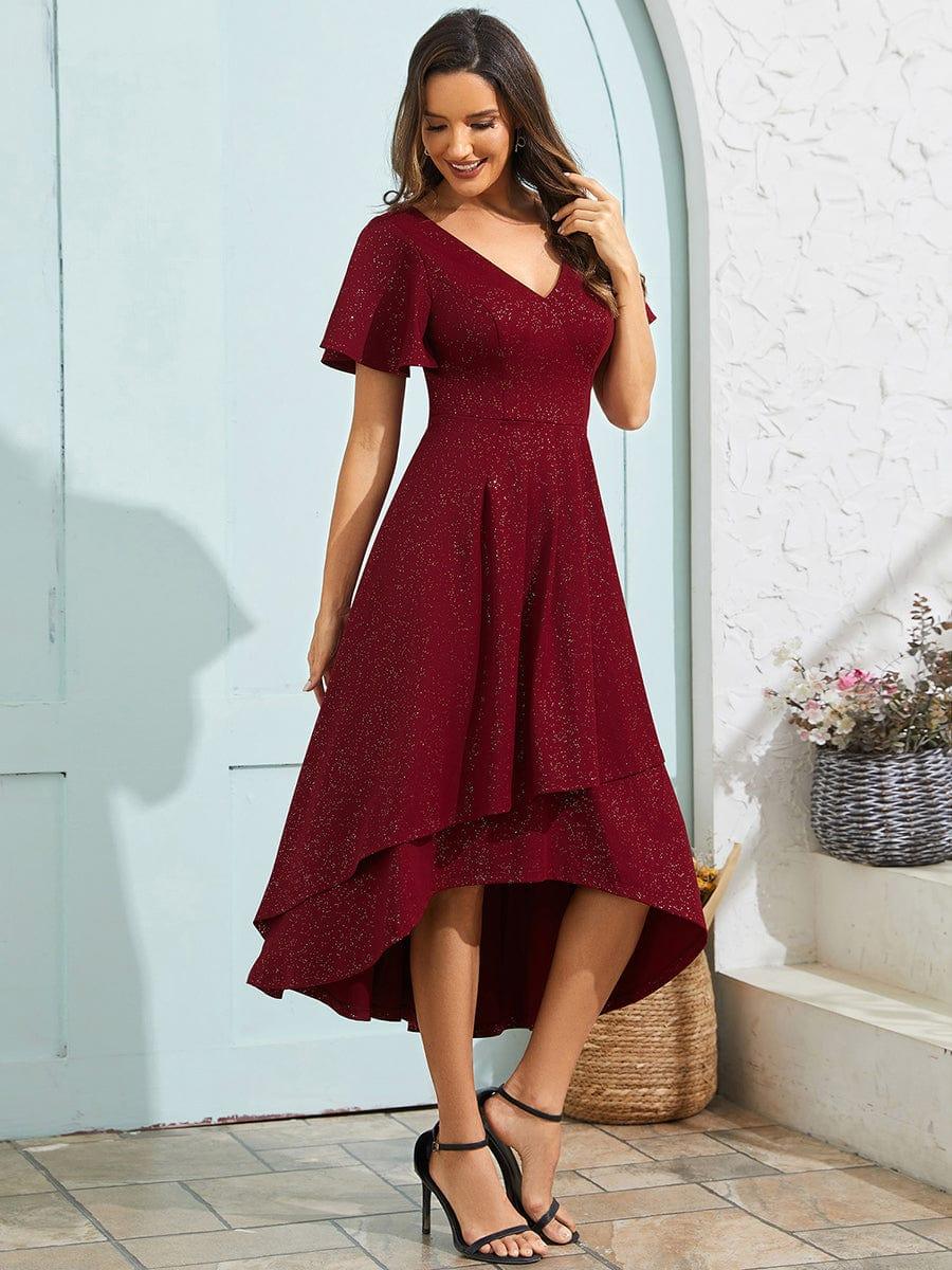 Sparkling V-Neck High-Low Wedding Guest Dress with Ruffled Sleeves #color_Burgundy