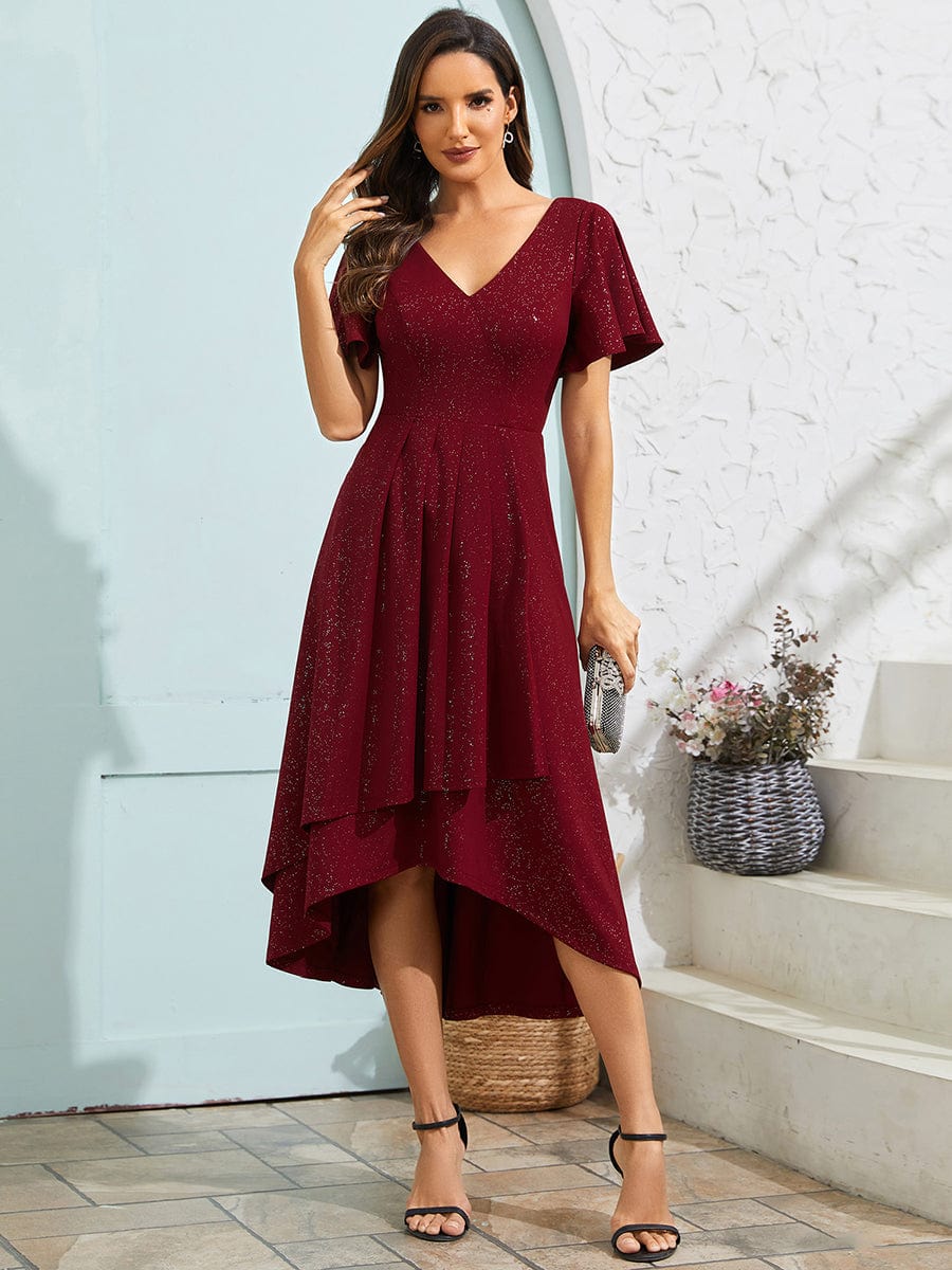 Sparkling V-Neck High-Low Wedding Guest Dress with Ruffled Sleeves #color_Burgundy