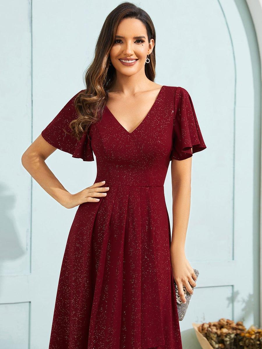 Sparkling V-Neck High-Low Wedding Guest Dress with Ruffled Sleeves #color_Burgundy