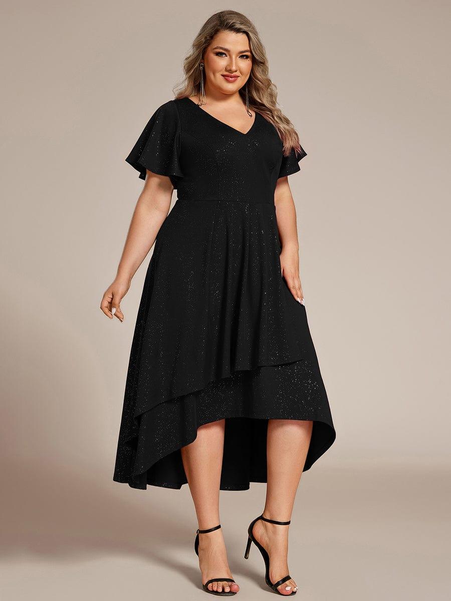 Plus Size  Ruffled Sleeves Glitery V-Neck Midi Wedding Guest Dress #color_Black