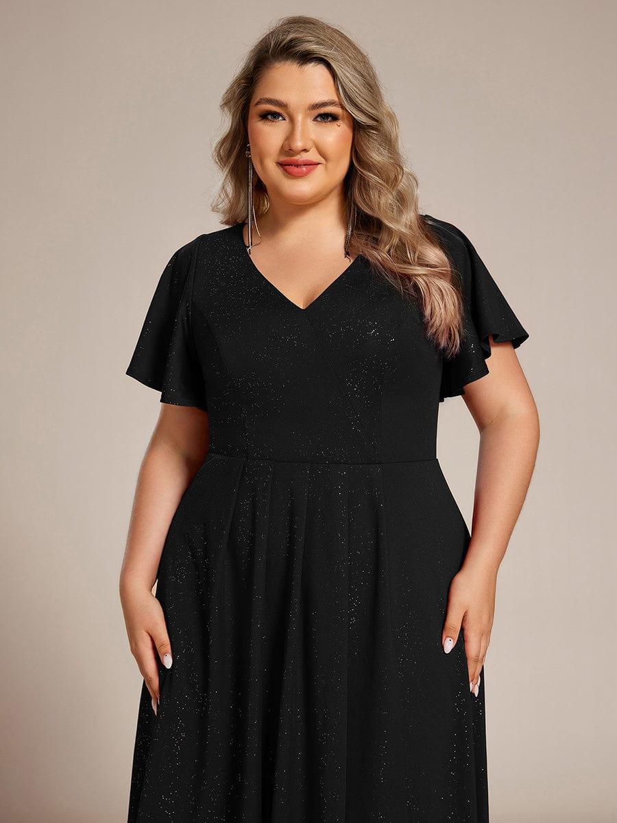Plus Size  Ruffled Sleeves Glitery V-Neck Midi Wedding Guest Dress #color_Black