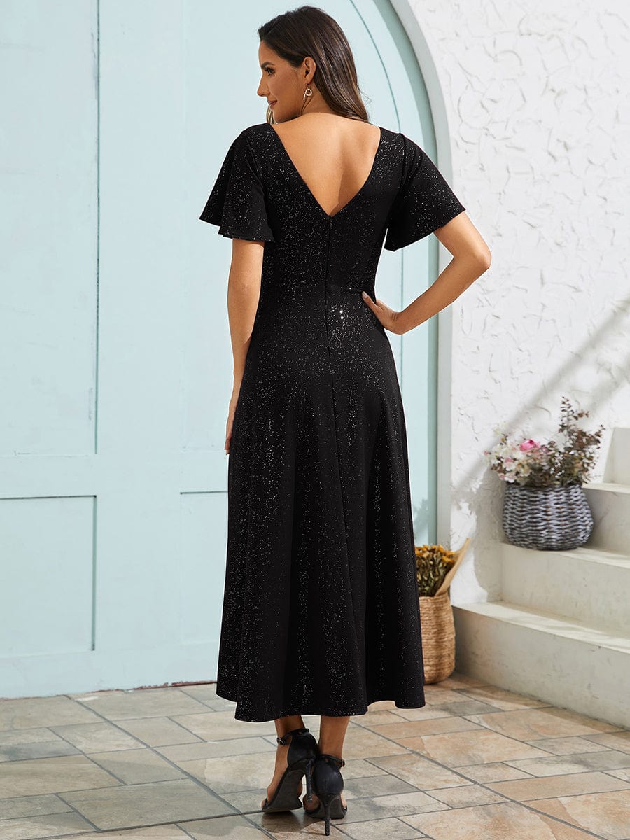 Sparkling V-Neck High-Low Wedding Guest Dress with Ruffled Sleeves #color_Black