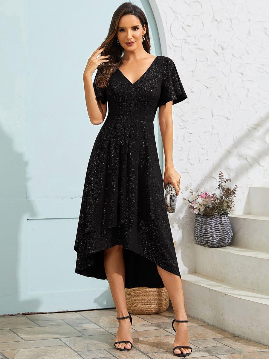 Sparkling V-Neck High-Low Wedding Guest Dress with Ruffled Sleeves #color_Black