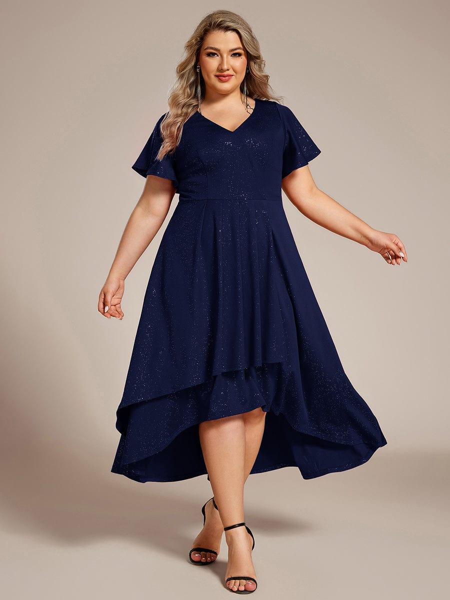 Plus Size  Ruffled Sleeves Glitery V-Neck Midi Wedding Guest Dress #color_Navy Blue