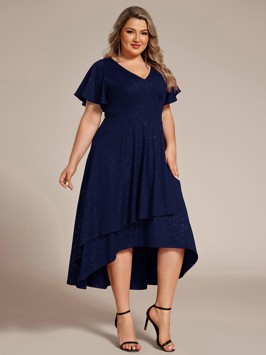 Plus Size  Ruffled Sleeves Glitery V-Neck Midi Wedding Guest Dress #color_Navy Blue