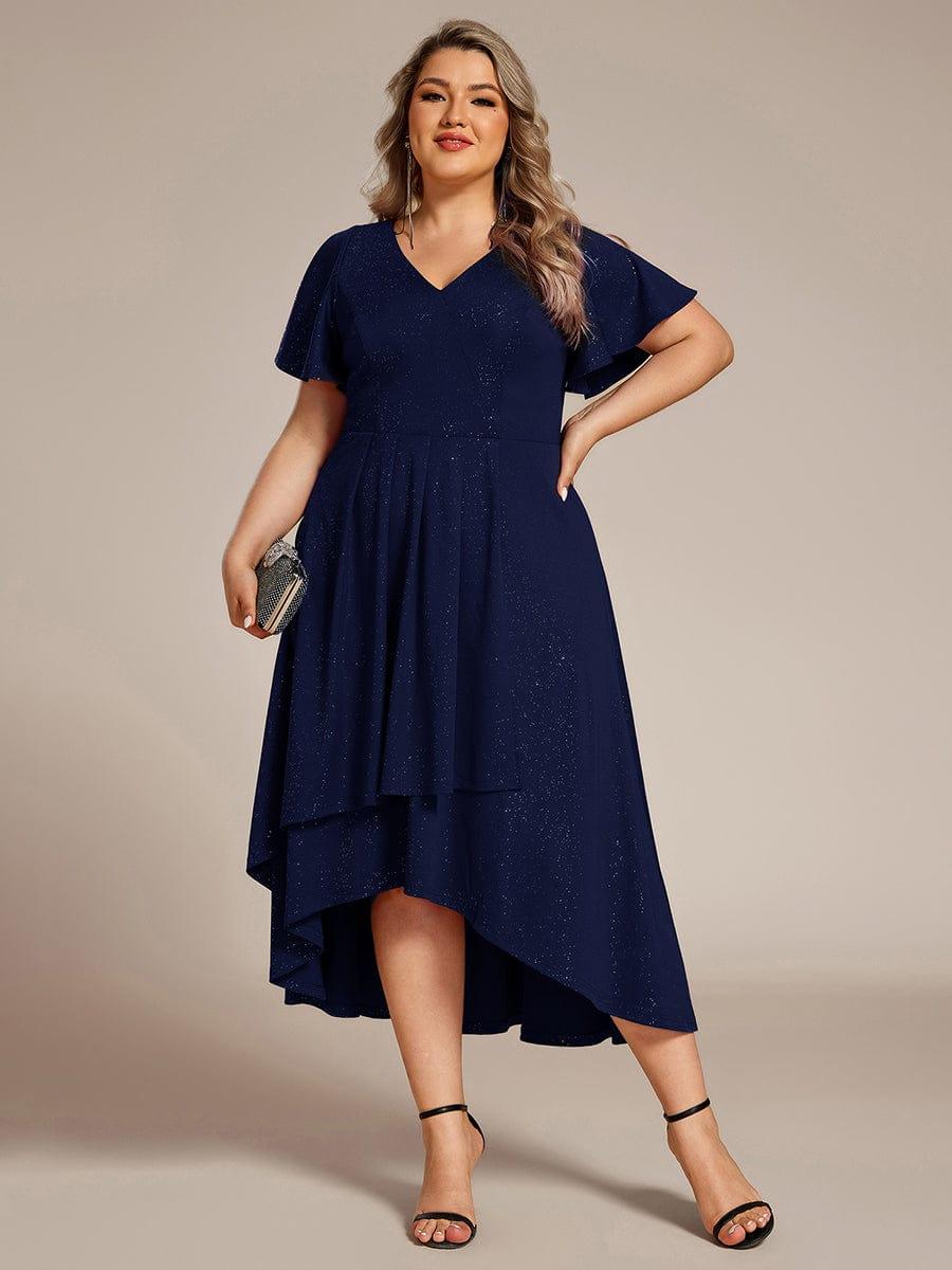 Plus Size  Ruffled Sleeves Glitery V-Neck Midi Wedding Guest Dress #color_Navy Blue
