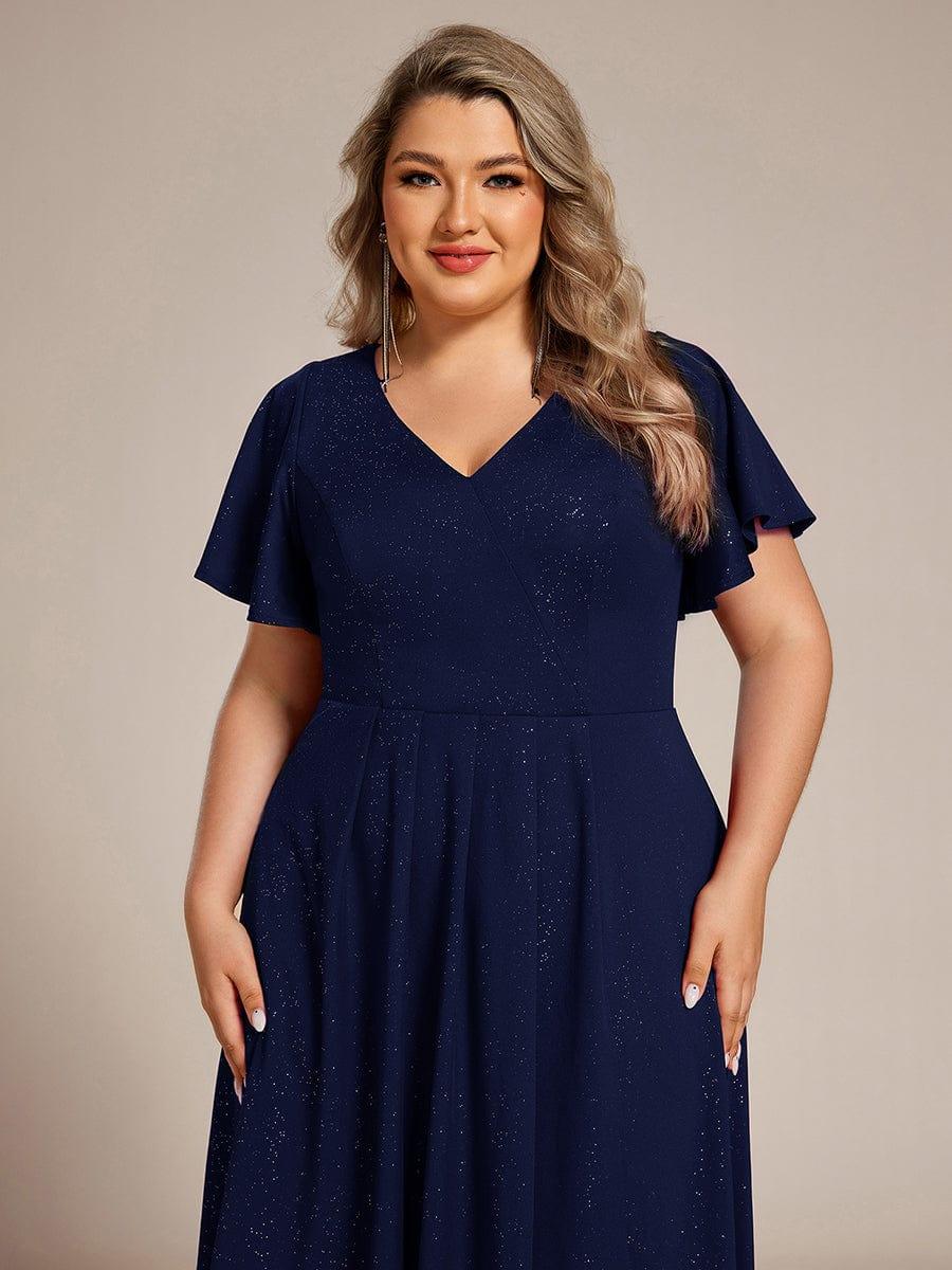 Plus Size  Ruffled Sleeves Glitery V-Neck Midi Wedding Guest Dress #color_Navy Blue