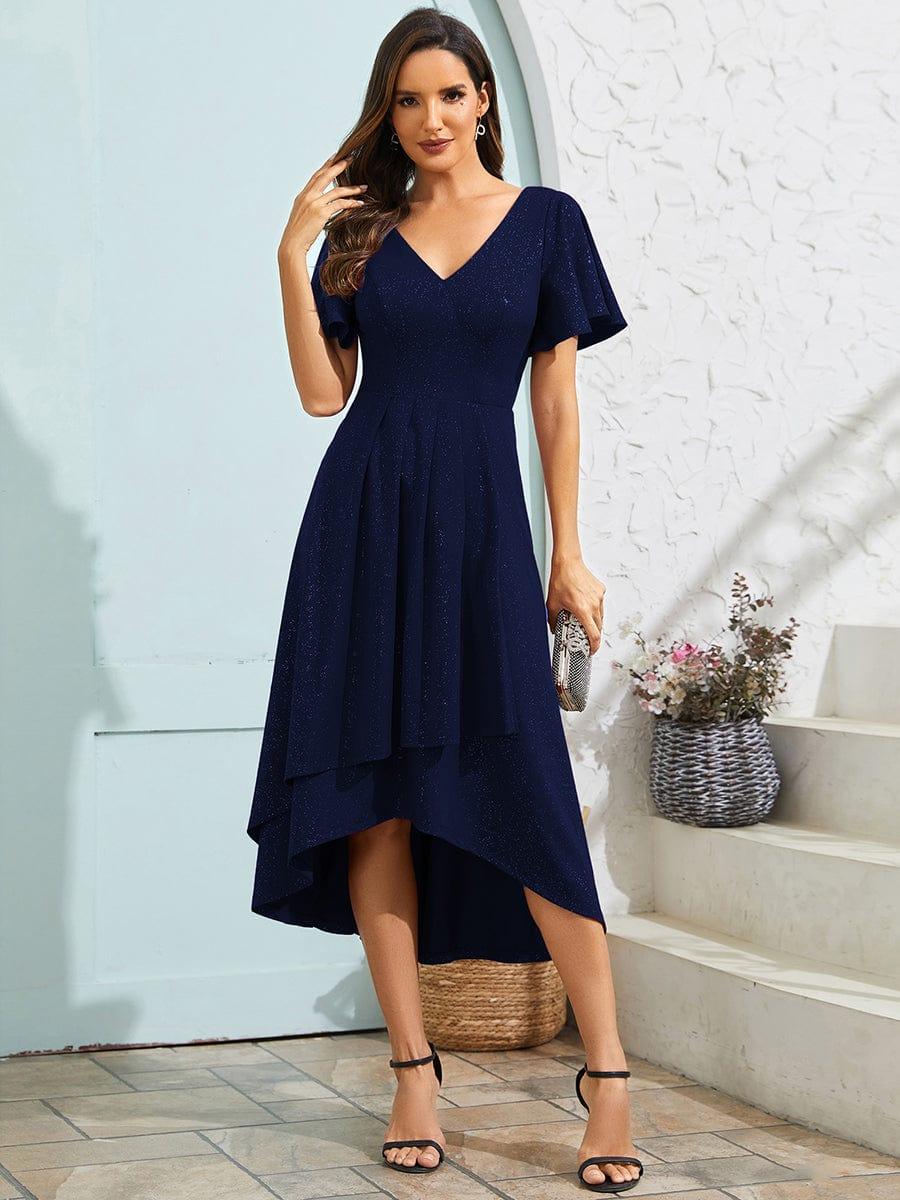 Sparkling V-Neck High-Low Wedding Guest Dress with Ruffled Sleeves #color_Navy Blue