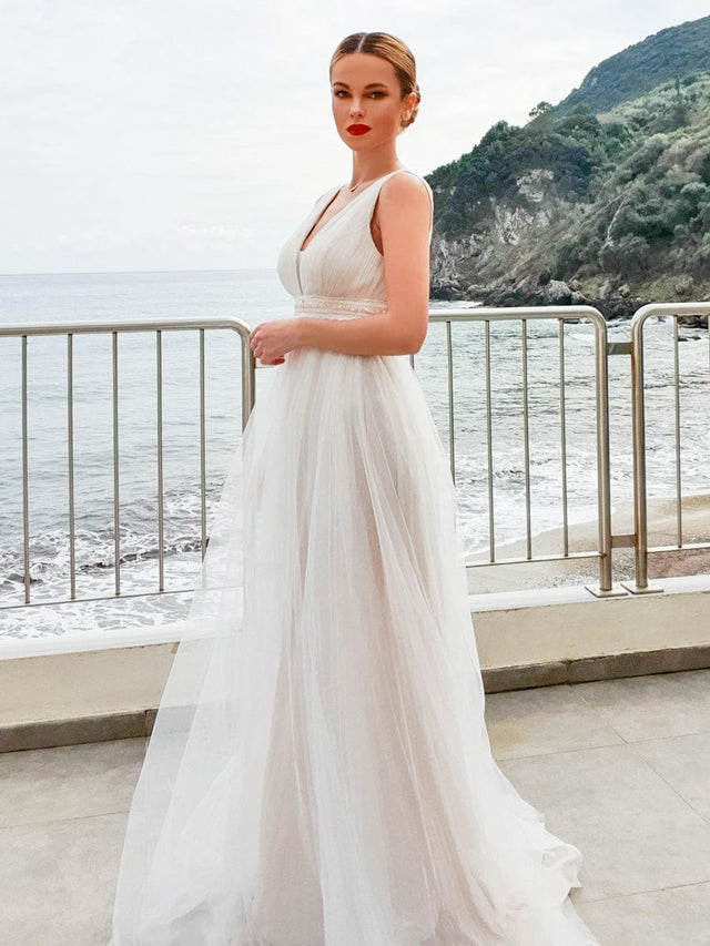 Plus Size Empire Waist Sleeveless Lace Sheer A-Line Wedding Dress Fan Photos 2

