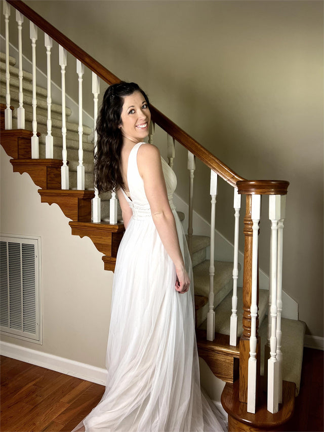 Vintage Sleeveless Lace Sheer Empire Waist A-Line Wedding Dress Fan Photos 5
