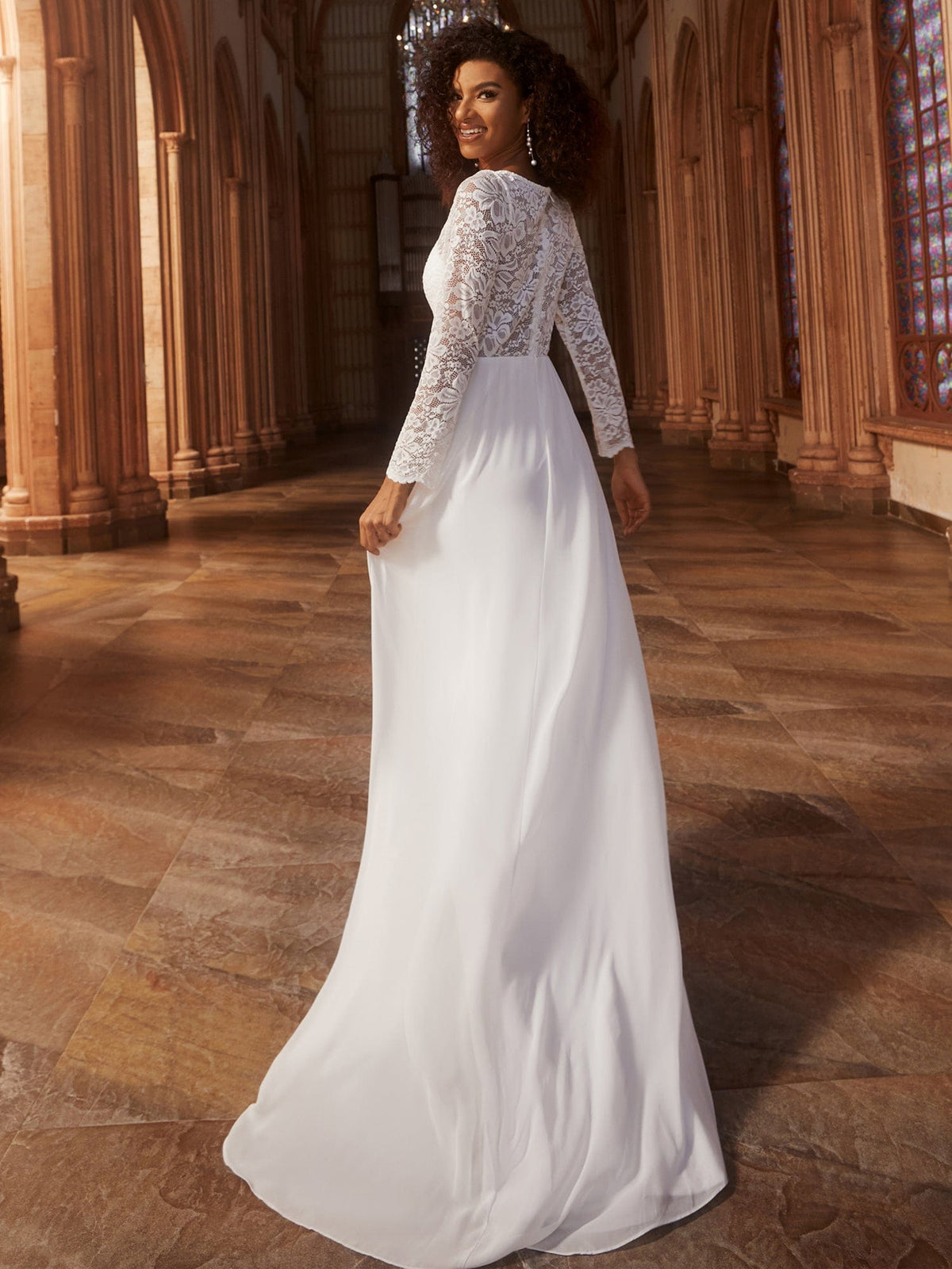 Lace Long Sleeves Eyelash Edge Bodycon Mermaid Chiffon Wedding Dress #color_White