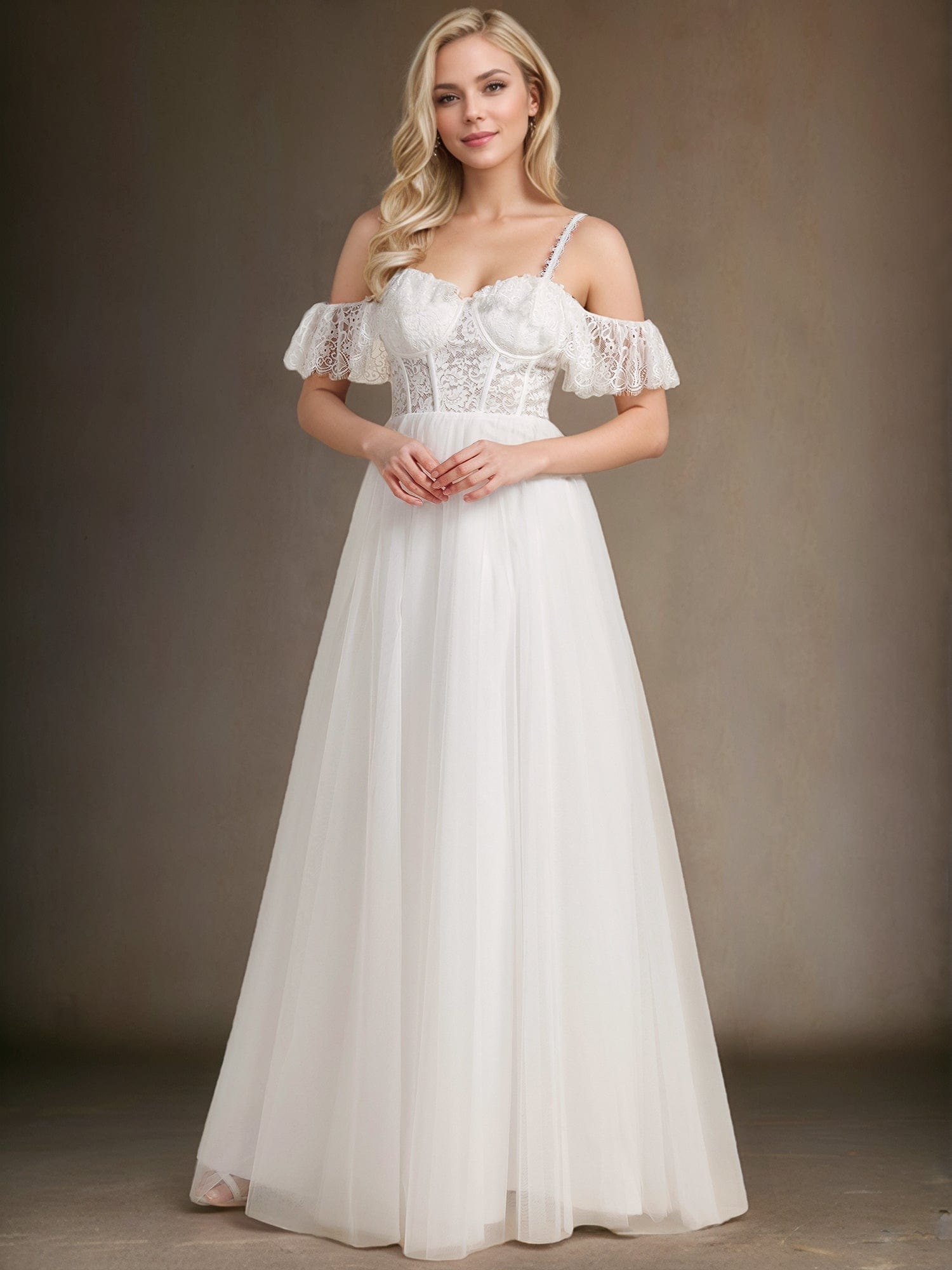 Romantic See-Through Lace Bodice Spaghetti Strap Short Sleeve Tulle Wedding Dress #color_White