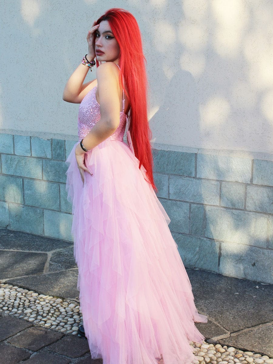 Spaghetti Strap V-Neck Tiered Tulle Wedding Dress with Shinny Top