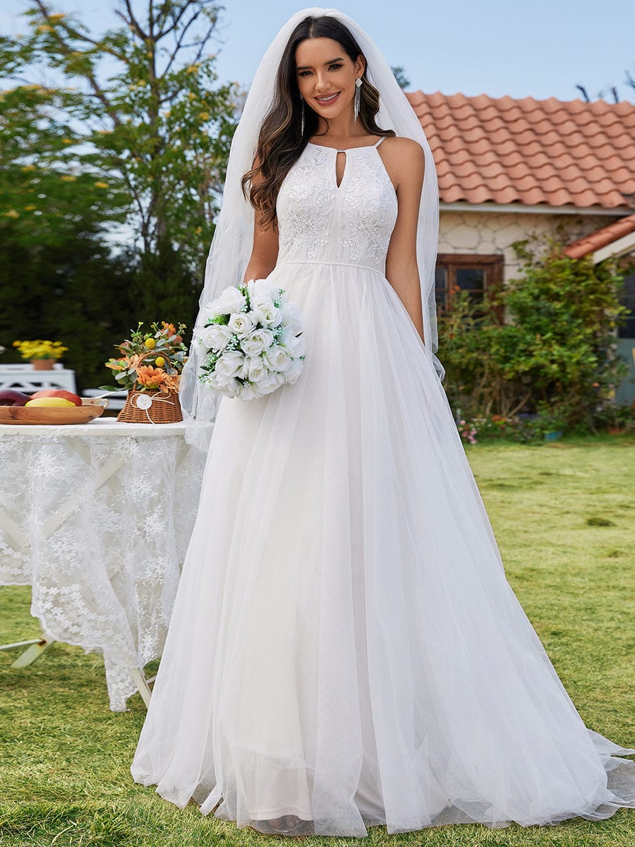 Custom Size A-Line Applique Tulle Wedding Dress with Halter Neck #color_Ivory