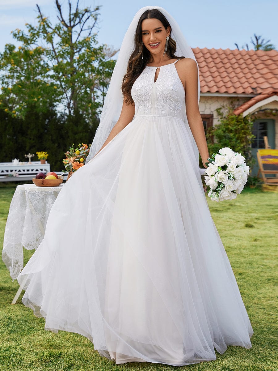 Custom Size A-Line Halter Neck Applique Wedding Dress with Tulle