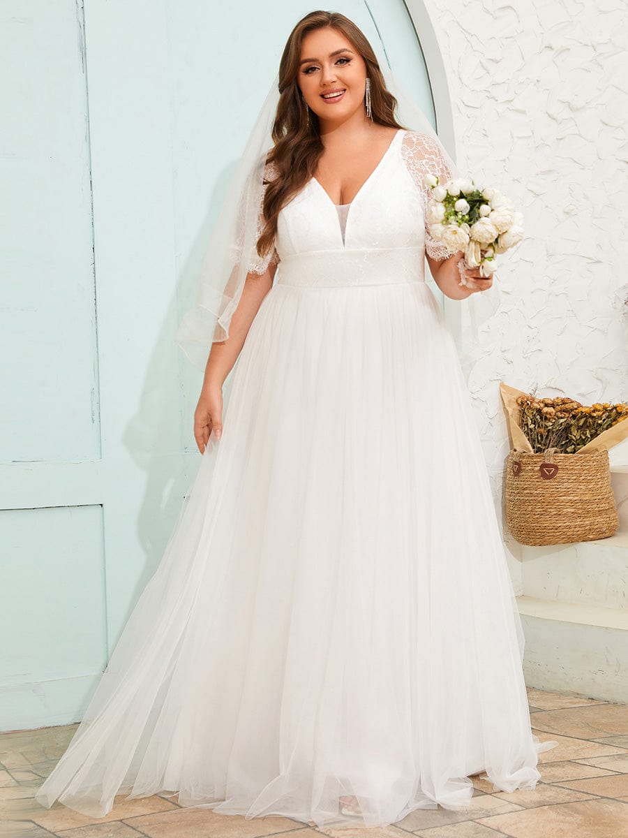 Dreamy Plus Size V-Neck Lace Short Sleeves Tulle Wedding Dresses #color_White