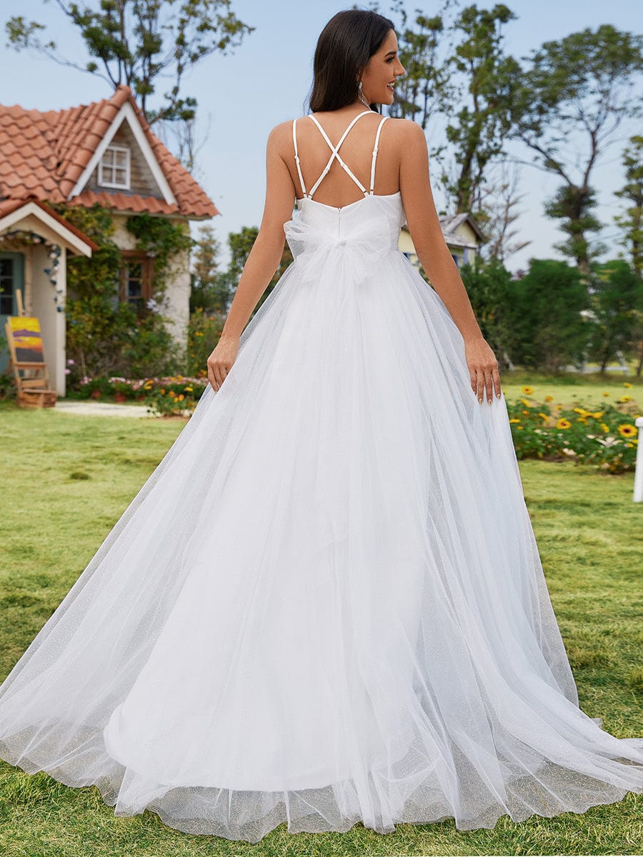 Custom Size Delicate Bow Back Spaghetti Strap A-Line Wedding Dress with V-Neck