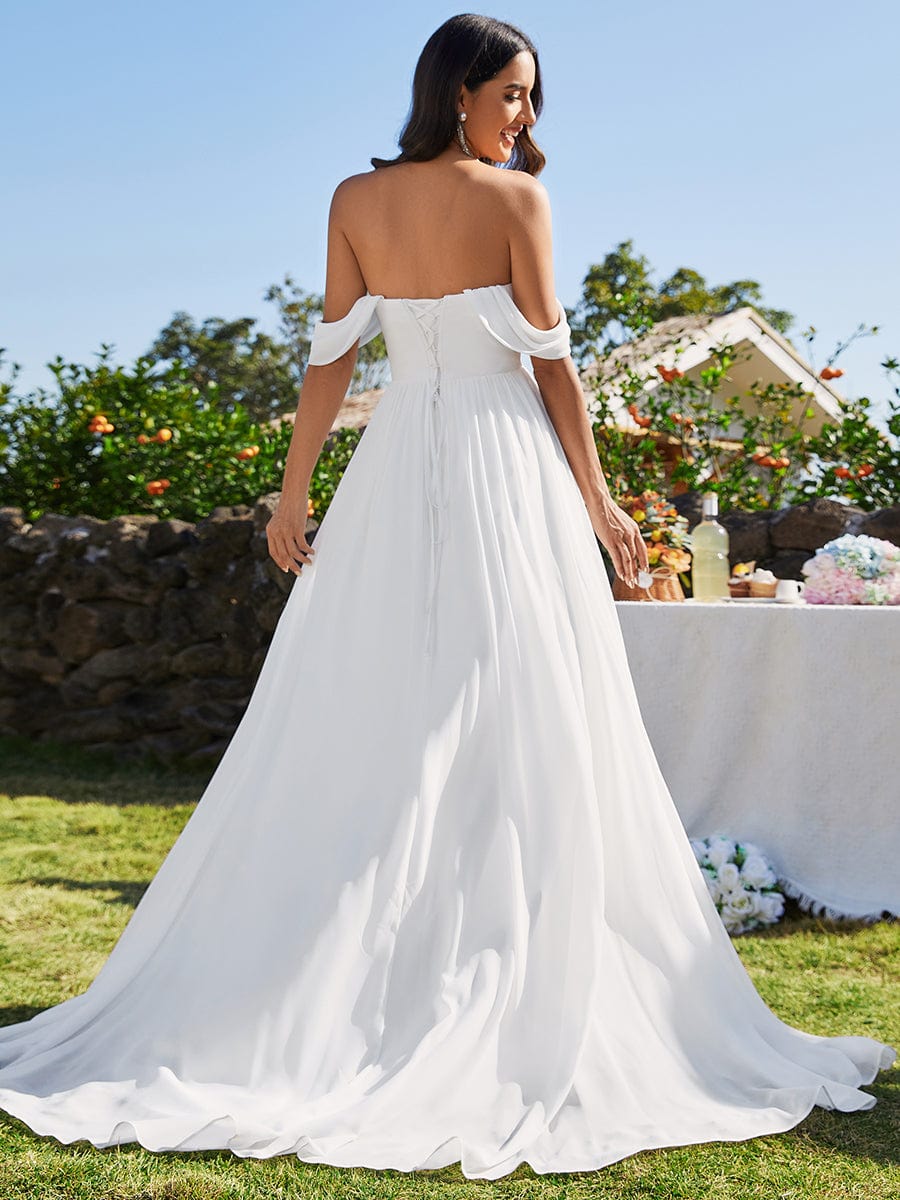 Custom Size Off Shoulder chiffon A-Line Wedding Dress with Strapless #color_White