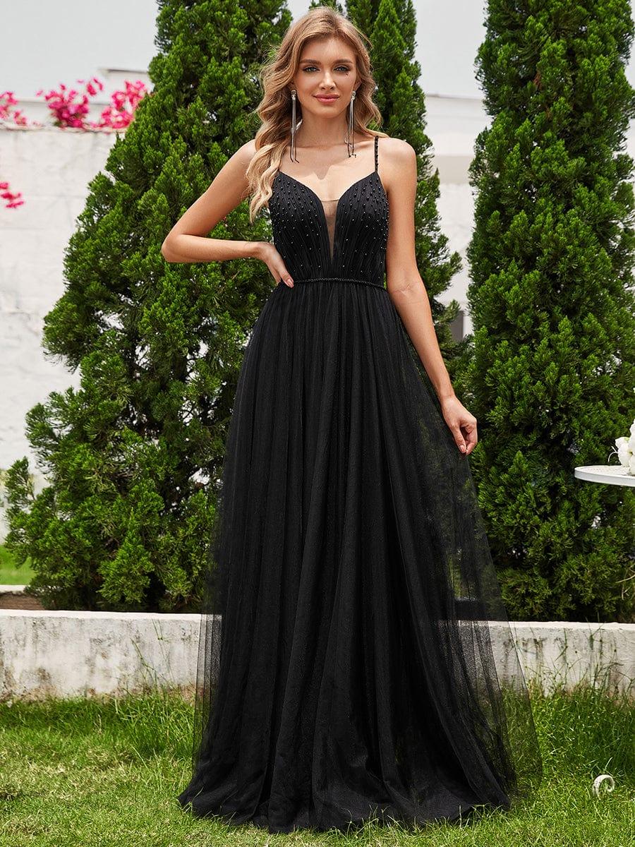 V-Neck A-Line Wedding Dress featuring Delicate Pearl Accents #color_Black