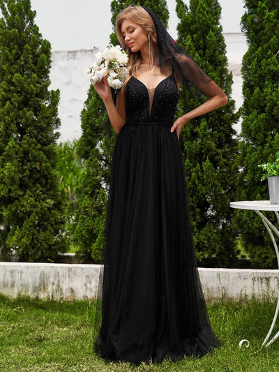 V-Neck A-Line Wedding Dress featuring Delicate Pearl Accents #color_Black